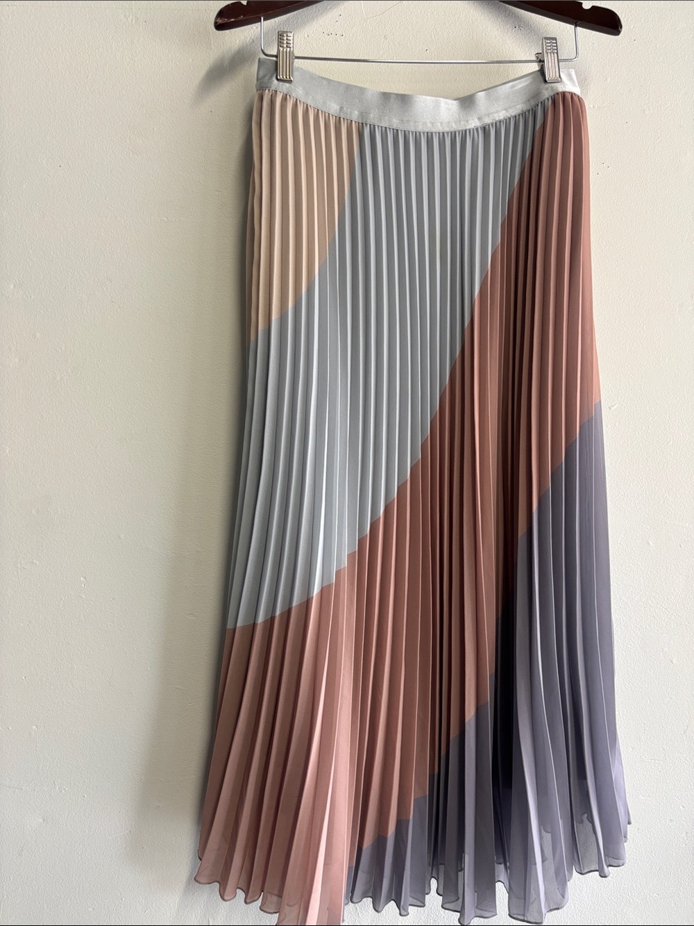WD.NY Pleated Colorblock Midi Skirt in Blush, Light Blue & Gray